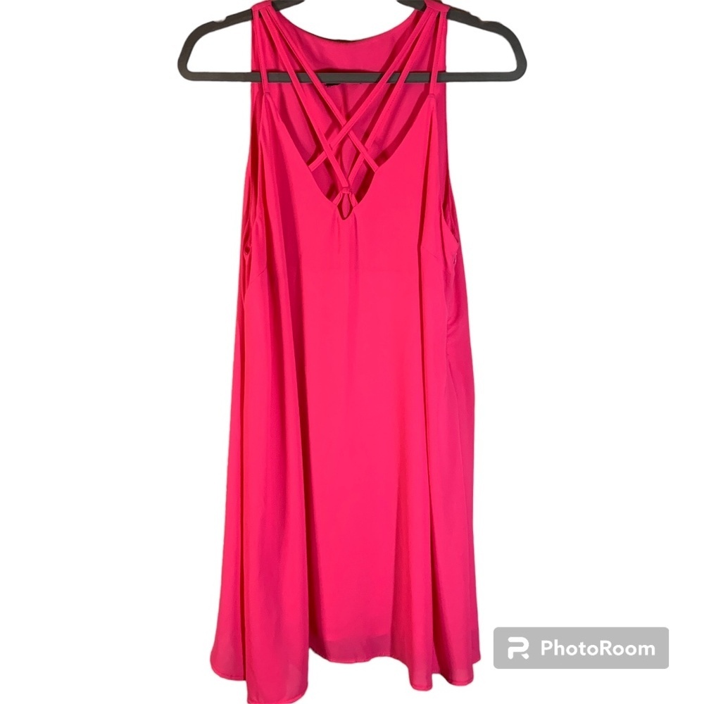 Hot Pink Spaghetti Strap Dress Large Chiffon Flowy V-Neck Lined Barbie Pink